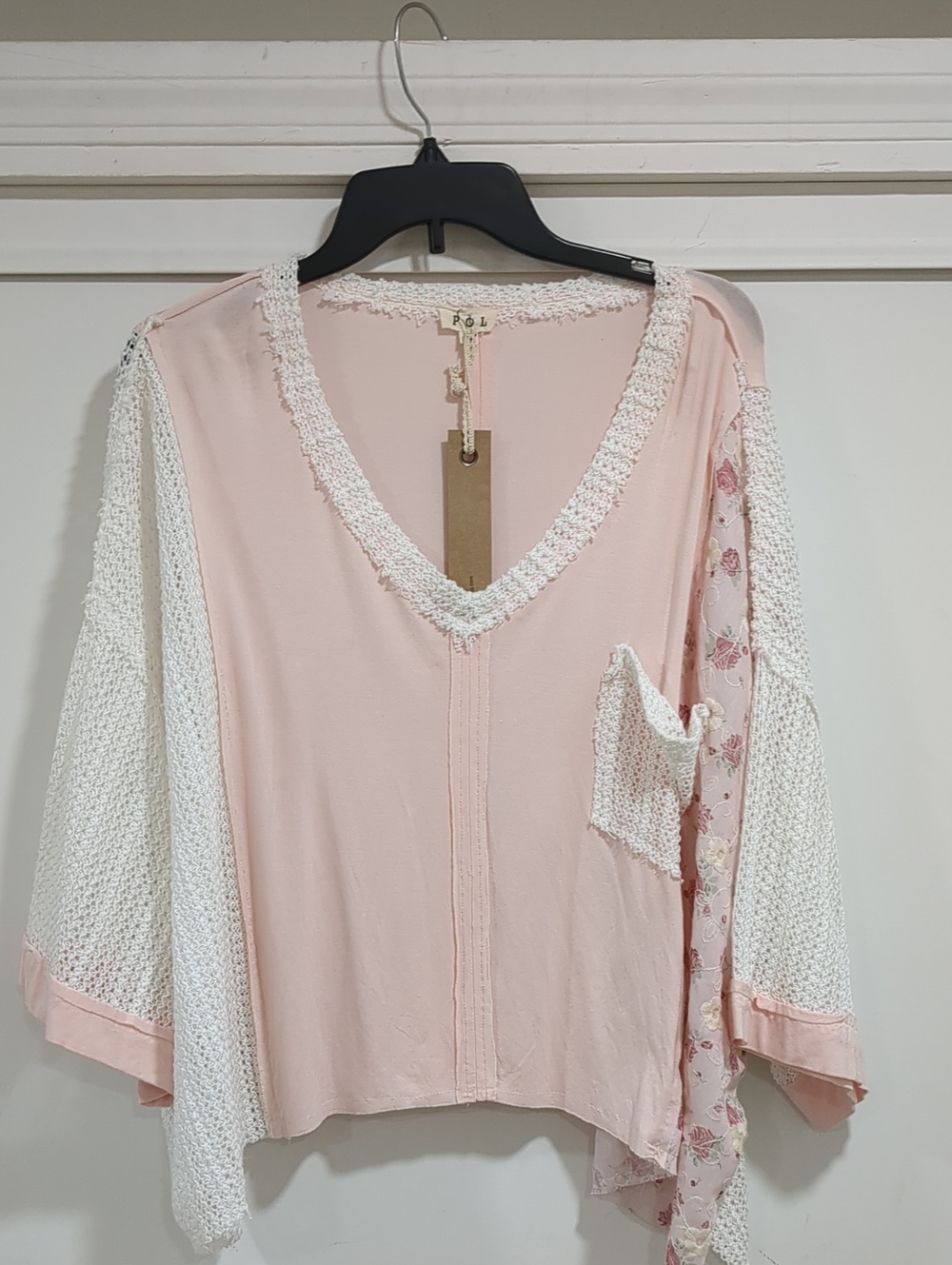 POL Soft Pink V-Neck Mixed-Media Women's Top